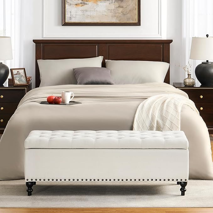 Storage Ottoman 50.2 Inches Upholstered Fabric Storage Ottoman Bench，Button Tufted Ottoman with Storage for Living Room，Bedroom End of Bed Bench Withstands 304lbs