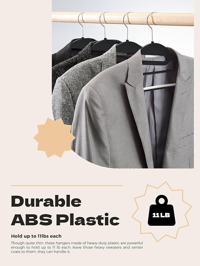 HOUSE DAY Heavy Duty Plastic Hangers 100 Pack, Black Slim Clothes Hangers Space Saving, Non Slip Hangers with Rubber Pads, Durable Coat Hangers for Closet, S-Shaped Hanger for Shirt, Suit, Pant, Skirt