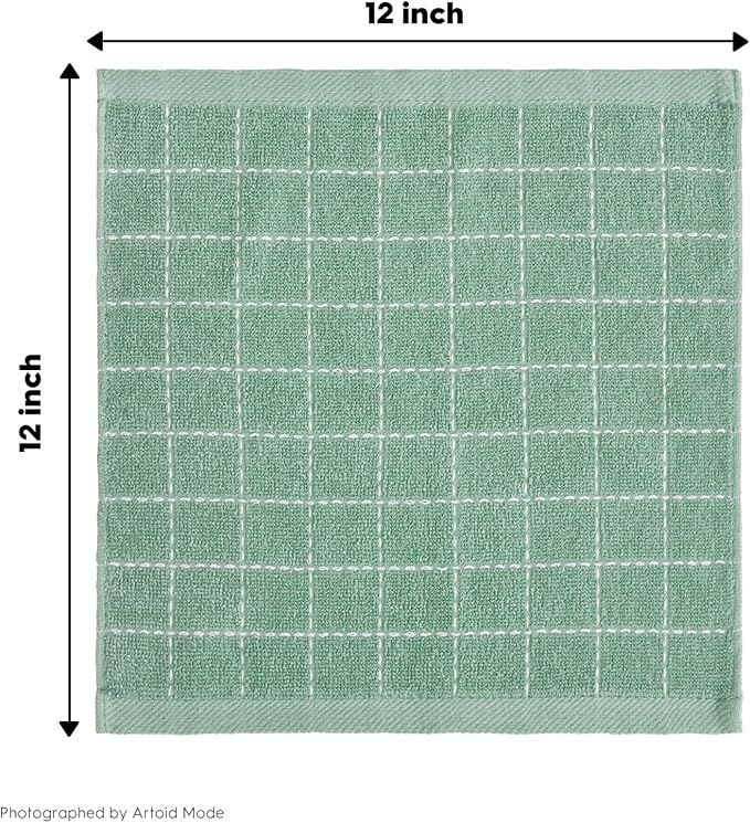 Artoid Mode Checkered Designed Cotton Beige Dark Green Terry Kitchen Dish Cloths, 12x12 Inch Soft Absorbent Quick Drying Kitchen Rags Set of 6