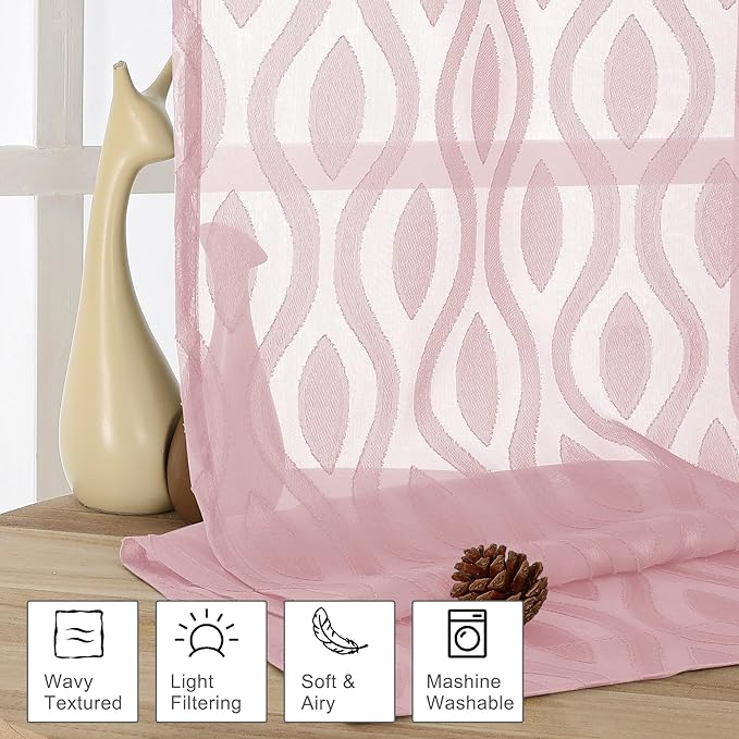 Aiyufeng Blush Pink Curtains Tiers 36 Inch Length 2 Panels Set, Airy Lightweight Clip Jacquard Window Curtians, Modern Wavy Line Textured Voile Sheer Curtains for Small Windows, 40" Wx36 L Inch