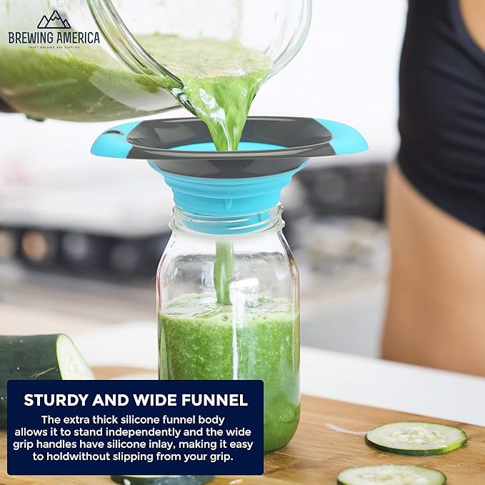 Kitchen Canning Funnel – Collapsible Silicone Food Funnel for Wide Mouth and Regular Mason Jars – Flexible Use for Coffee, Liquid, Jam, Cooking, Baking, Crafts - Teal/Gray