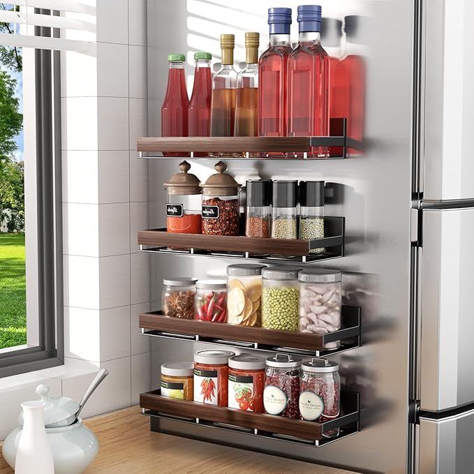 Walnut Magnetic Spice organizer for Refrigerator Wall Mount Spice Rack Magnetic Fridge Shelf Spice Jar Seasoning Organizer (4 PSC)
