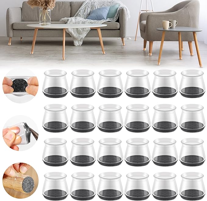 24PCS Upgraded Silicone Chair Leg Floor Protectors for Hardwood Floors, Furniture Sliders for Chair Legs, Felt Bottom Furniture Pads, Anti-Slip Round&Square Cap Covers to Scratch and Reduce Noise