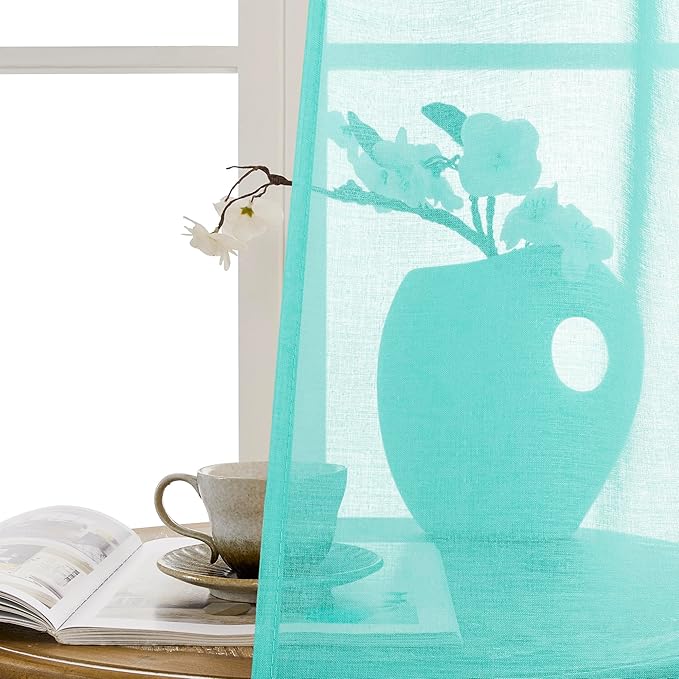 Tollpiz Small Sheer Door Curtain Closet Linen Textured Curtain Sheers Doorway Light Filtering Voile French Door Rod Pocket Curtains Patio Door, 25 x 40 inches Long, Aqua Blue, Set of 1 Panel