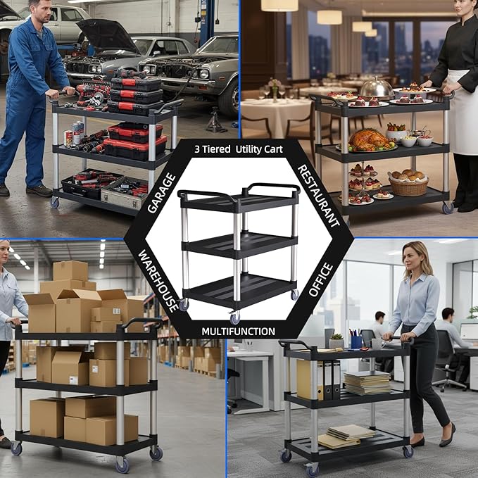 Plastic Utility Cart with Anti-Tangle Wheels, Solid Armrests, 350 Lbs Heavy Duty Capacity, 3-Tier Rolling Serving Cart for Home, Office, Restaurant, Warehouse.34.2" × 17" × 37"