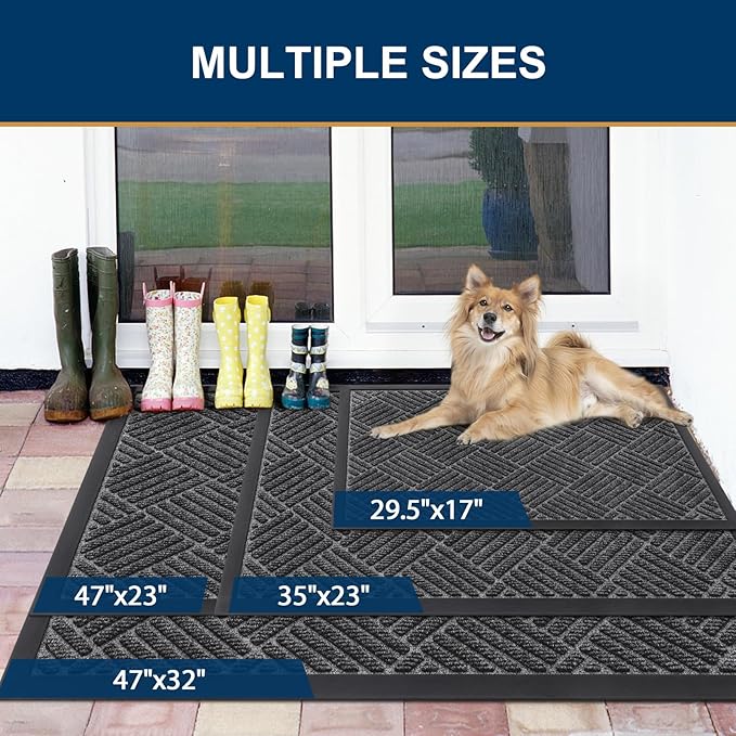 Smiry Front Door Mat Outside Entrance, Heavy Duty Outdoor Indoor Natural Rubber Doormat, Non Slip, Trap Dirt and Moisture, Easy Clean, Low Profile Patio Porch Entryway Mat, 47x32, Light Grey
