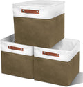 13in Open Fabric Storage Basket with Leather Handles for Organizing, Collapsible Linen Closet Bins for Shelves, Closets, Laundry, Decorative Basket for Gifts. (White＆Brown, 3PCS/13x13in)