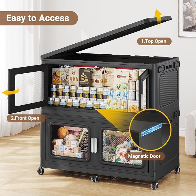 BROVIEW 1200 Qt Stackable Storage Bin with Lid, 300Gal Extra Large Collapsible Storage Boxes, Folding Plastic Drawer, Heavy-Duty Store Cabinet, Closet Organizer for Home Kitchen, 4 Pack Black
