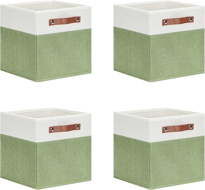 DULLEMELO 11x11 Cube Fabric Organizer Storage Bins for Shelf, Toy Square Green Bins, Kids Clothes Closet Baskets Storage, for Bedroom, Living Room, Dorm(White&Green-4 Pack)