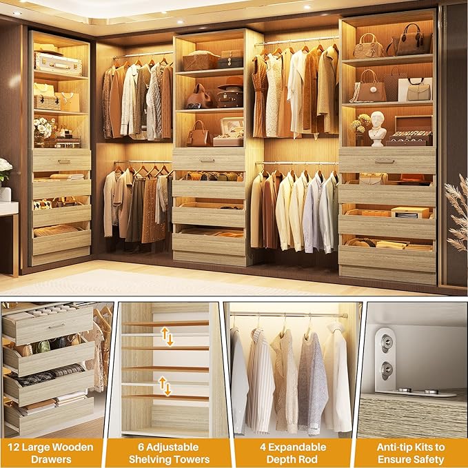 Aheaplus Closet System with 12 Drawers, 8.5-11.5Ft Wood Closet Organizer System with 4 Hanging Rods & 3 Towers, 4Ft & 6Ft L-Shaped Walk-in Closets Wardrobe Organizer Clothes Rack, Set of 3, White Oak