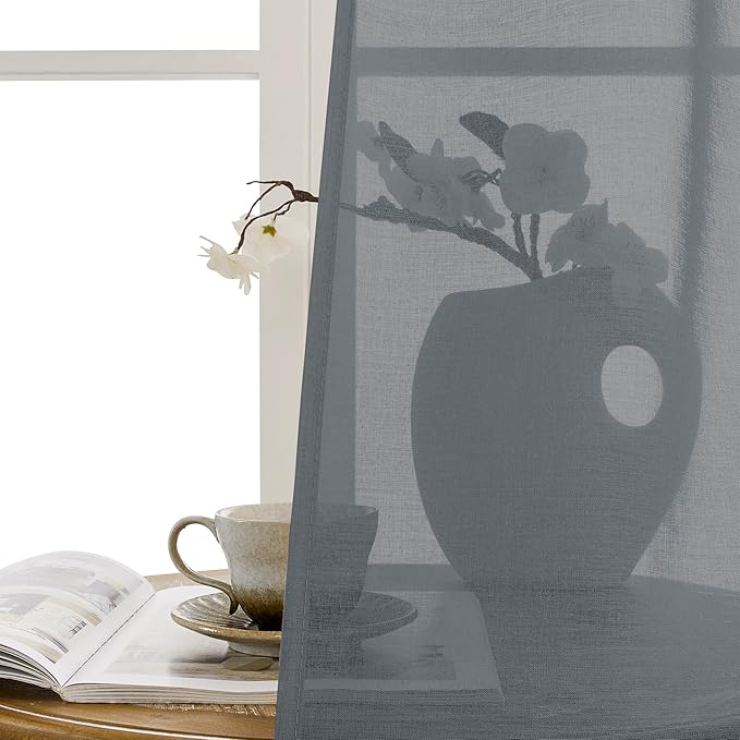 Tollpiz Small Sheer Door Curtain Closet Linen Textured Curtain Sheers Doorway Light Filtering Voile French Door Rod Pocket Curtains Patio Glass Door, 25 x 40 inches Long, Dark Grey, Set of 1 Panel