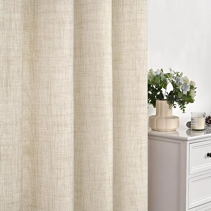 YoungsTex Linen Curtains 45 Inch Length for Kitchen Window, Cream Short Semi Sheer Drapes with Rod Pocket Back Tab Light Filtering Textured for Living Room Bedroom Bathroom, 2 Panels, 42 X 45 Inch