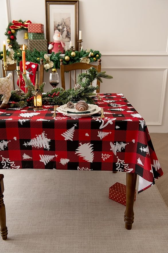 Classic Gingham Buffalo Xmas Tablecloth Fabric - Oblong 58x144 Inch Water Proof Checkered Table Cloth for Indoor Outdoor - Red Christmas Tree Table Cover for Christmas, Holiday, New Year