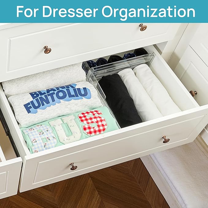 Vtopmart 8 Pack Drawer Dividers for Clothes, 4" High 10.2"-16.6" Adjustable Expandable Dresser Drawer Organizer, Clear Plastic Separators for Dresser, Baby Clothing, Underwear, Cosmetic, Toiletries