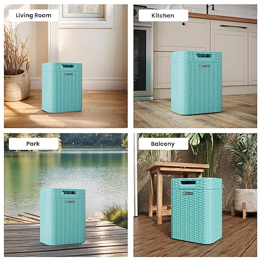 Ypati Handwoven Rattan Trash Can with Lid, Indoor and Outdoor, 4.5 Gallon with Complementary Shelf, Waste Container for Bathroom, Patio, Study, with Trash Bags, Grey, Designed by Eureka