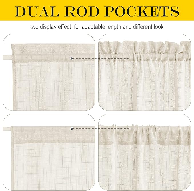 NICETOWN Faux Linen Kitchen Bathroom Door Curtains 40 Inches Length, Farmhouse Dual Rod Pocket Sheer French Door Curtains for Glass with Tieback for Privacy Protection, 1 PC, 36x40, Beige