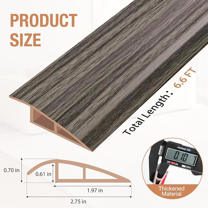 Floor Transition Strip Self Adhesive Vinyl Door Threshold for Doorways Carpet Edging Trim Overlap Edge Reducer for Laminate Floor, Carpet, Tile (Grayish Brown Wood Grain, 2/5" to 3/5", 6.6Ft)