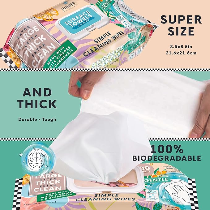6 Packs Surface Cleaning Wipes Bleach Free, Thick & Large Dispose, All-Purpose Cleaner for Bathroom, Kitchen, Office, 100 Count Soft Flow, Biodegradable, No Scent