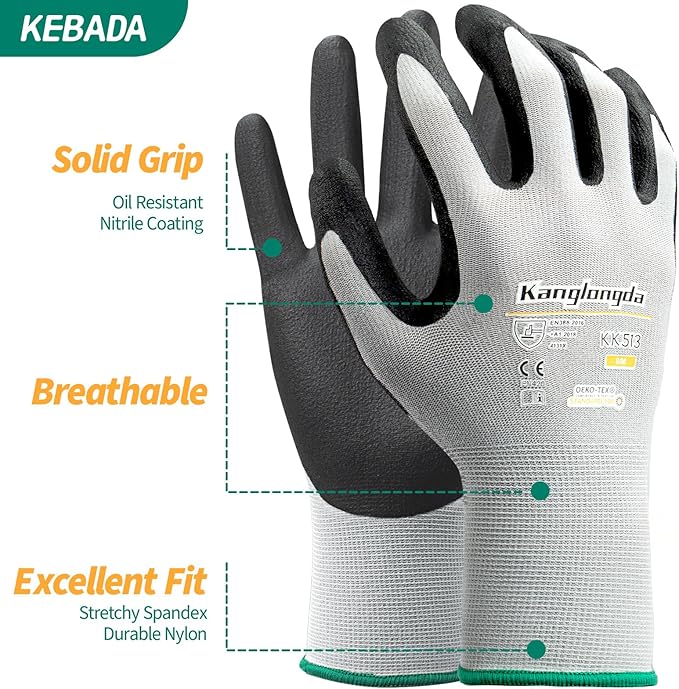 6-Paris XL Work Gloves for Men and Women, Nitrile Coated Safety Protective Gloves with Grip, Ideal for Gardening, Warehouse, Mechanic, Light Duty Construction Work