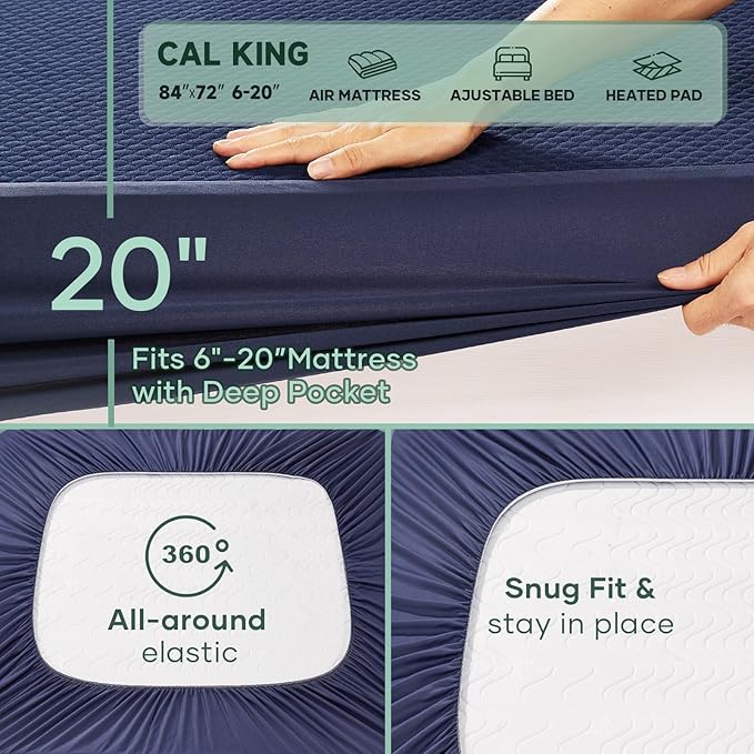OhGeni 100% Waterproof Mattress Protector, Cal King Size Mattress Pad, Fits 6"-20" Mattresses with Deep Pocket, Cooling, Breathable Fitted Sheets, Soft Bed Cover, Noiseless, Washable(Navy Blue)