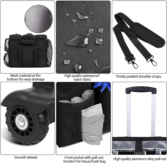 Extra Large Rolling Cleaning Caddy Bag with Detachable, Foldable Trolley Portable Cleaning Cart for Housekeeping Cleaning Caddy with Adjustable Shoulder Strap and Multiple Storage Pockets