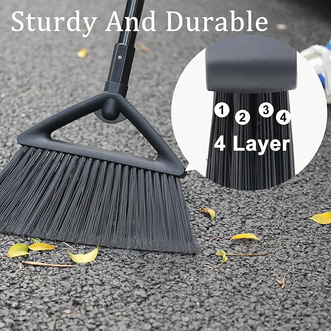 2PCS Heavy Duty Angle Broom, Long Pole Brooms for Indoor, Outdoor Sweeping, Kitchen to Courtyard, Black