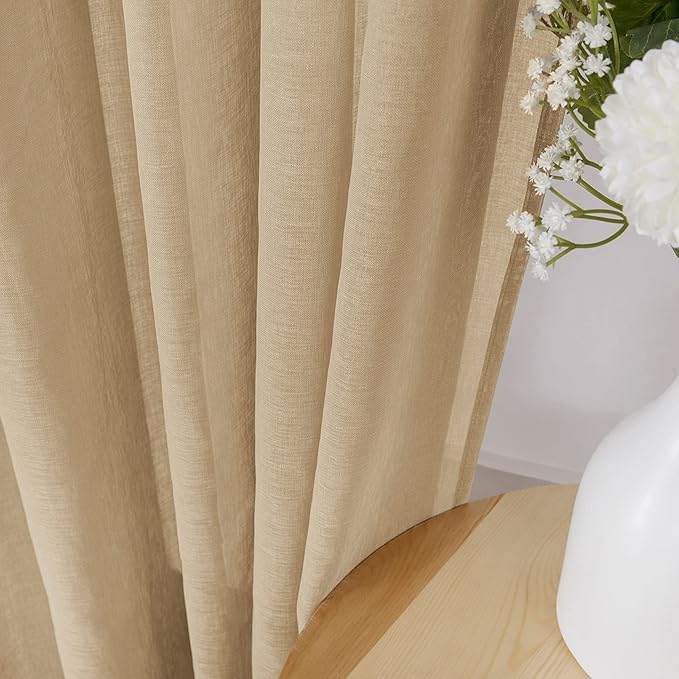 Tollpiz Short Sheer Curtains Linen Textured Bedroom Curtain Sheers Light Filtering Rod Pocket Voile Curtains for Living Room, 54 x 45 inches Long, Beige, Set of 2 Panels