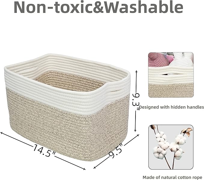 Cotton Rope storage Basket Bins Woven Basket for Organizing Shelves Rectangle Decorative Baskets For storage Clothes Toys Books Towels Square Wicker Nursery basket organizer 3 pack white and brown