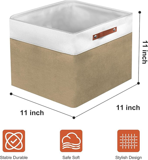 11in Open Fabric Storage Basket with Leather Handles for Organizing, Collapsible Linen Closet Bins for Shelves, Closets, Laundry, Decorative Basket for Gifts. (White＆Khaki, 3PCS/11x11in)
