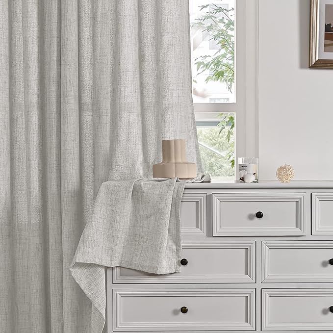 YoungsTex Light Grey Linen Semi Sheer Curtains 84 Inch Length for Living Room 2 Panels Set, Light Filtering Window Treatments Rod Pocket Back Tab for Bedroom Dining Farmhouse, 52 X 84 Inch
