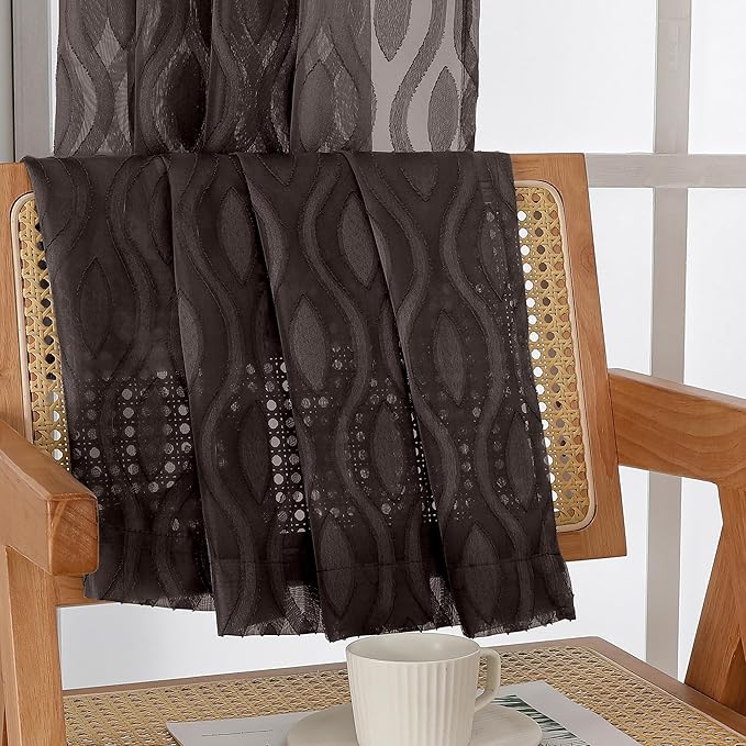 Aiyufeng Sheer Brown Curtains 54 Inch Length 2 Panels - Soft Lightweight Clip Jacquard Textured Farmhouse for Bedroom, Modern Wavy Line Voile for Living Room, 40Wx54L Inches