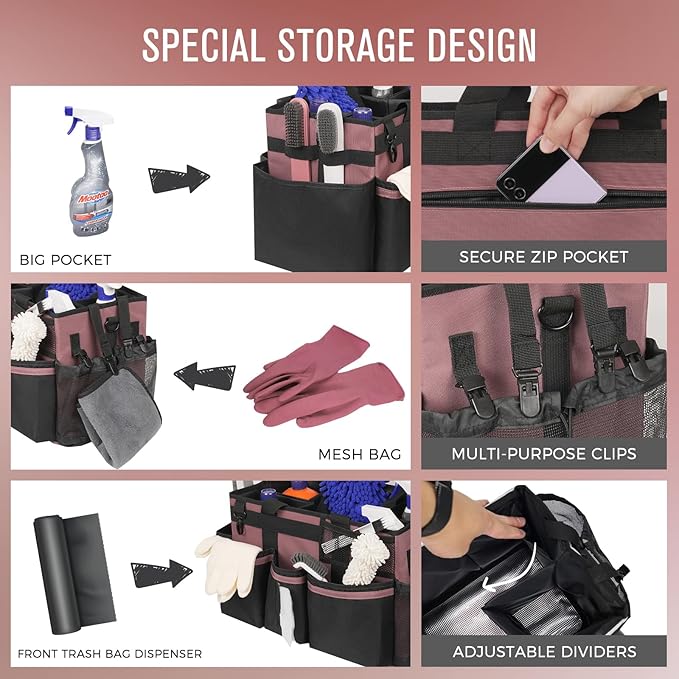 Wearable Cleaning Caddy, Cleaning Caddy Supplies Organizer with Handle & Shoulder Straps for Housekeepers, Under Sink & Car Cleaning Tool Organizers Bag with 4 Foldable Divider (LotusPink)