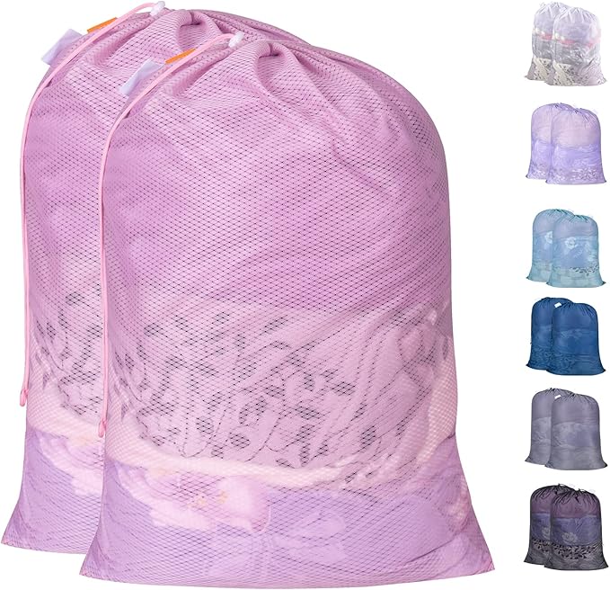 Polecasa Heavy Duty Large Mesh Laundry Bags with ID Tag and Locking Drawstring Closure - 2 Pack, 24 x 36 inches - Laundry Hamper Liner, Washable Laundry Bag for Travel, Sports, Dorms (Pink)