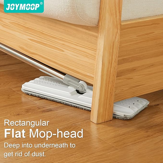 JOYMOOP White Flat Mop & Bucket with 1 Microfiber Pad, 12 Disposable Toilet Brushes, Stainless Steel Toilet Brush and Holder Set, Multi-Functional Cleaner for Floors, Windows, and Toilets
