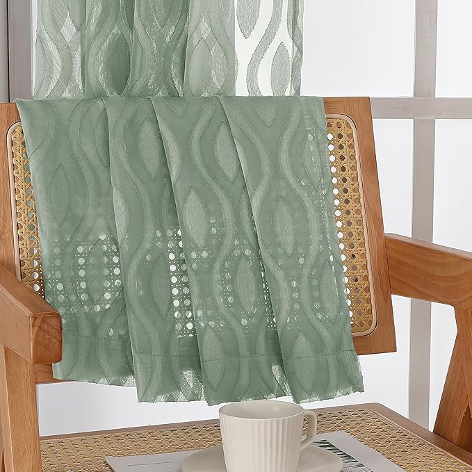 Aiyufeng Green Valance Curtains 14 Inch Length, Chic Wavy Line Clip Jacquard Sheer Curtains for Basement Bathroom Small Curtain, Lightweight Solid Rod Pocket Small Window Curtains, 2 PCS, 40Wx14L Inch