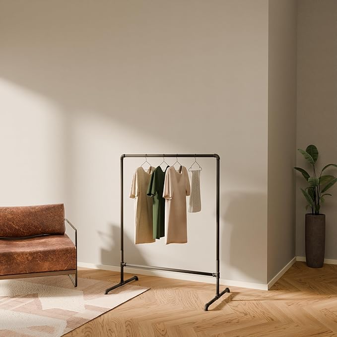 pamo Industrial Pipe Clothing Rack with Shelf - 130 lbs Capacity - Free Standing Clothes Rack and Walk In Closet for Wardrobe