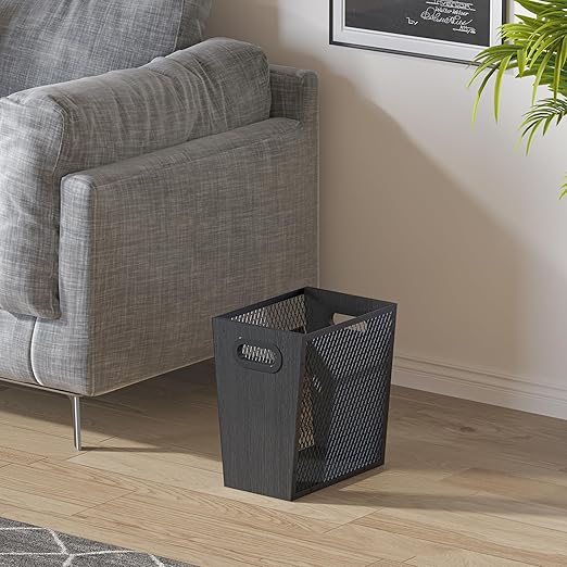 Piskyet Black Office Trash Can for Near Desk, 4.5 Gallon Unique Wood Bedroom Garbage Can,Vintage Wastebasket with Handle, Decorative Trash Can for Home Office,10.8" L x 7.8" W x 11.8" H
