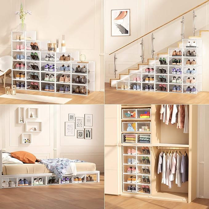 Secret Space 12 Pack XX Large Shoe Storage Organizer for Closet, Modular Space Saving Shoe Boxes Clear Plastic Stackable Containers Display Case Bins with Lids, Shoe Rack for Sneaker Storage, White02