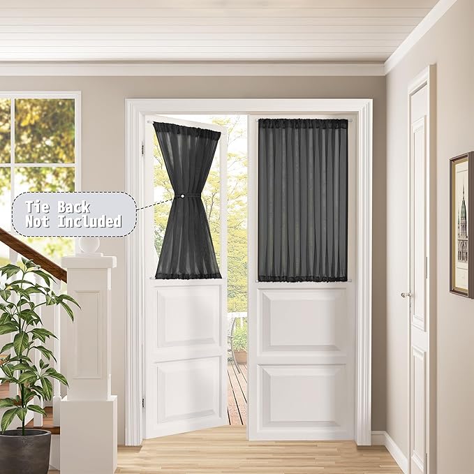 Tollpiz Short Sheer Curtains Closet Linen Textured Curtains Sheer Doorway Light Filtering Voile Patio Glass Door Rod Pocket Curtain French Door, 54 x 40 inches Long, Black, Set of 1 Panel