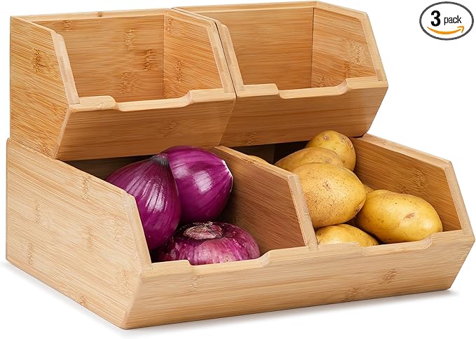 Pantry Storage Bins 3-Pack, Stackable Bamboo Containers for Potato & Onion Storage, Kitchen Organization & Decor