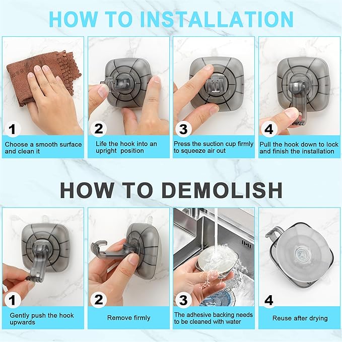22 lb Heavy Duty Suction Cup Hooks 4 Pack - 360° Rotating Shower Hooks for Bathroom, Wall, Glass Door, Window Hanging Foldable Holder for Towel, Wreath, Cups (ABS+PC) No Drill Suction Hook Reusable