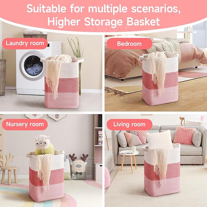 CLHMILY&Z 75L Laundry Hamper Rectangular Pink Rope Basket - 16x13x22 Inches - Dirty Clothes Storage Soft Organizer Bin for Blankets, Toys, and Nursery Essentials
