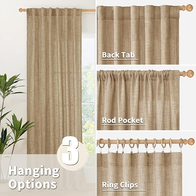 YoungsTex Toffee Linen Curtains 72 Inch Length for Living Room, Burlap Semi Sheer Drapes Light Filtering Tan Window Treatments for Farmhouse Bedroom Rod Pocket Back Tab, 42 X 72 Inch, 2 Panels