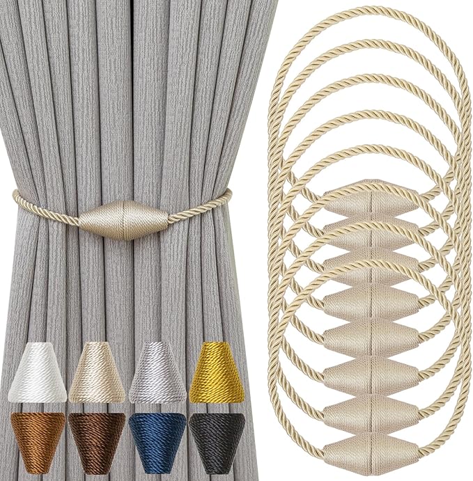 Magnetic Curtain Tiebacks 8 Pack Outdoor Rope Curtain Tie Backs Decorative Window Treatment Holdbacks for Home Decorative Curtain, Beige