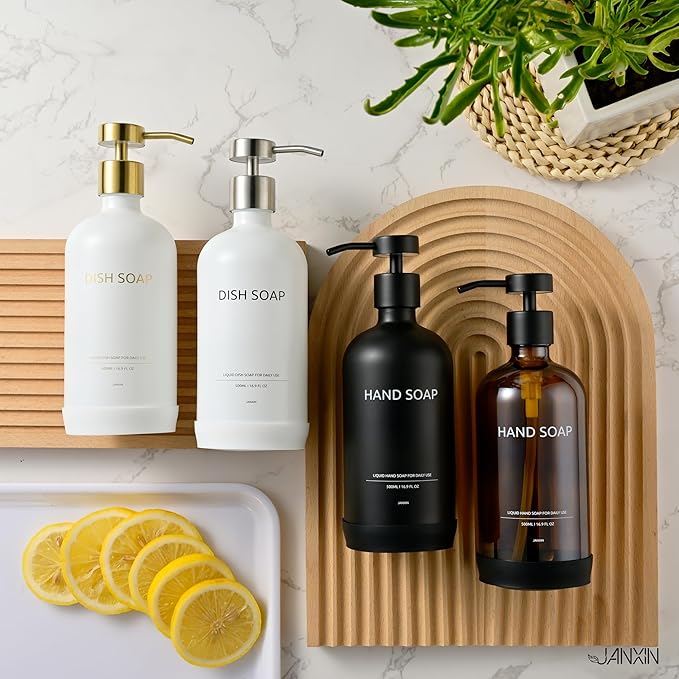 Glass Soap Dispenser Set by Janxin,Bathroom Soap Dispenser Set with Ceramic Tray,Luxury Bathroom Accessories,Modern Kitchen Decor (White+Gold(Hand Soap))