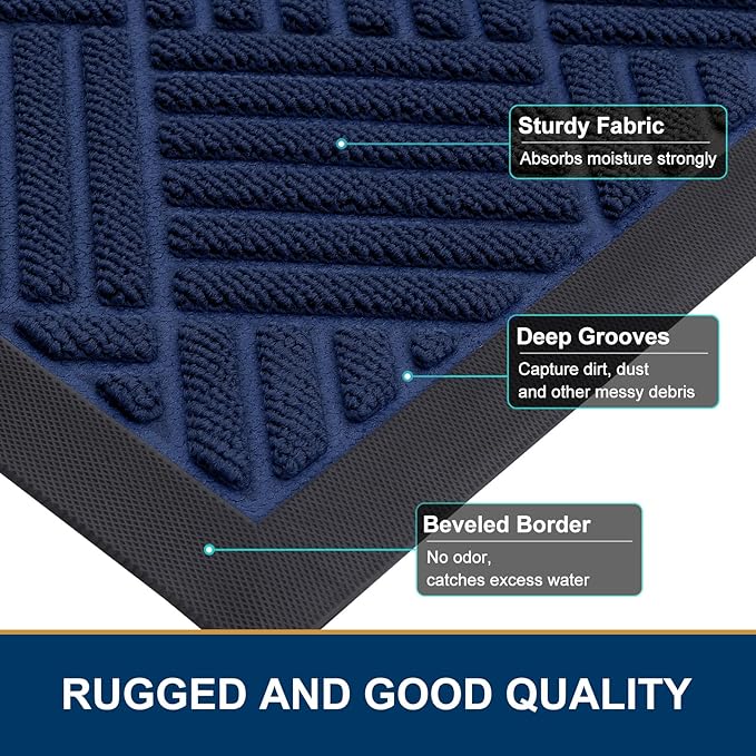 Smiry Front Door Mat Outside Entrance, Heavy Duty Outdoor Indoor Natural Rubber Doormat, Non Slip, Trap Dirt and Moisture, Easy Clean, Low Profile Patio Porch Entryway Mat, 29.5x17, Navy Blue