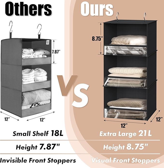 Simple Houseware 3 Shelf Hanging Closet Organizer with Front Stopper, Black