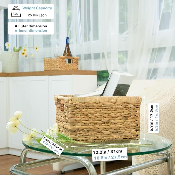 Natural Water Hyacinth storage basket with Handle, Rectangular Organizing Basket for Organizing, Decorative Wicker Storage Bins for Living Room, Medium Wicker Baskets - 3 Pack Medium