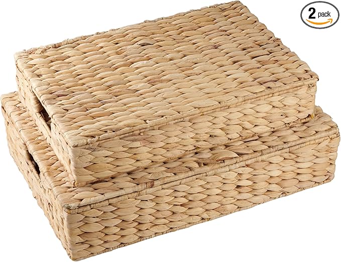 Set of 2 Wicker Baskets with Lid for Organizing - Decorative Storage Boxes With Lids for Home Decor, Shelves - Organic Modern Home Decor - Remote Box - Coffee Table Basket