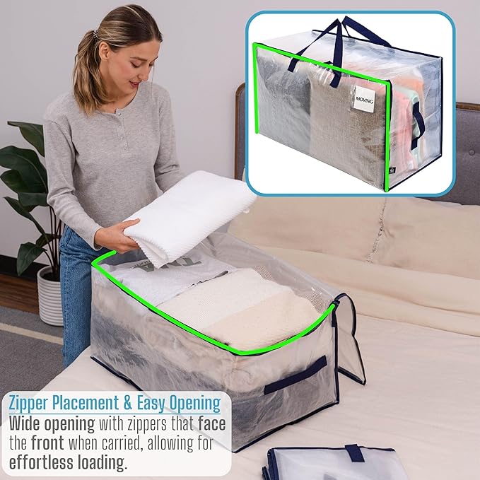 VENO 8 Pack Moving and Storage Bags, Heavy Duty, Alternative to Moving Boxes, Large Packing Totes Supplies for College Dorm Room with Zipper for Clothes, Wide Open Design (Clear, 8 Pack)
